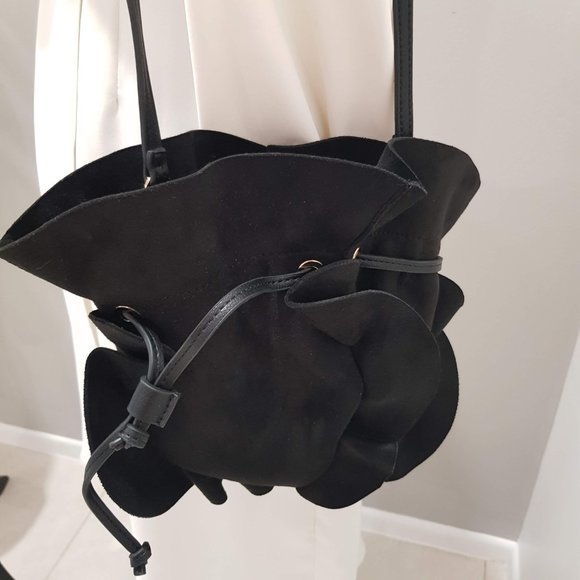 SEED Black Suede Like Ruffled Drawstring Bucket Bag - Picture 3 of 11